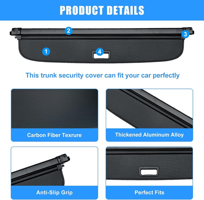 AUXKO Retractable Cargo Cover for 2025 2024 2023 Cadillac Lyriq, Carbon Fiber Trunk Cover Luggage Security Shade Cover Shielding Shade Anti-Peeping Luggage Privacy Screen with 4PCS Headrest Hooks - Image 5